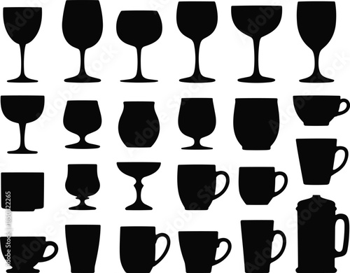 Drinkware silhouettes set, wine glasses, cups, mugs, goblets, beverage containers, kitchen icons, black vector 