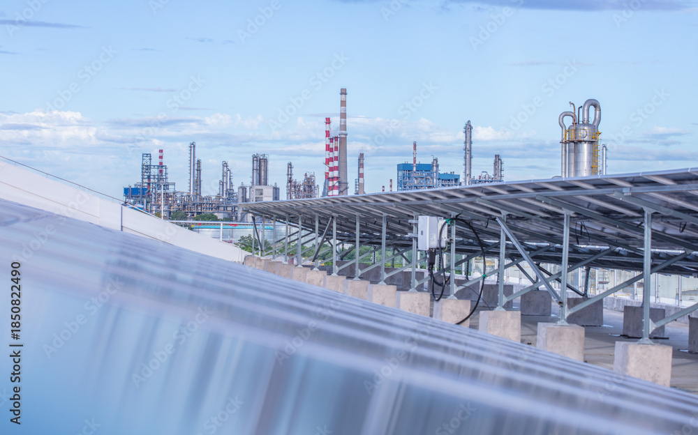 Obraz premium A high-tech photovoltaic control panel with digital interfaces and indicator lights, set against a background of sprawling industrial pipelines and storage tanks, creating a bold contrast between