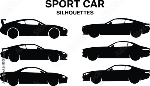 Sport car silhouettes set, racing cars, modern coupe designs, automotive icons, luxury vehicles, black vector illustration