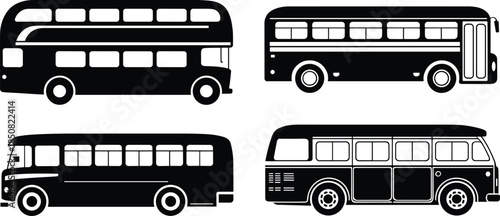 Vintage bus silhouettes set, public transport vehicles, classic city buses, retro coach icons, black vector illustration