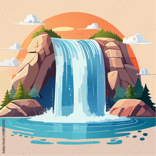 Cartoon illustration of a waterfall cascading into a pool of water with rocks and trees.
