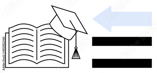 Open book with graduation cap placed diagonally, a bold horizontal arrow pointing right. Ideal for education, learning, graduation, academic goals, knowledge transfer, career advancement, progress