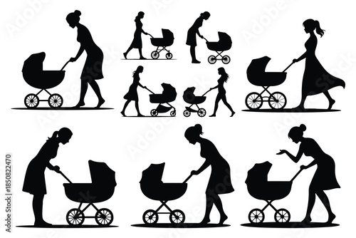 Silhouettes of Women Pushing Strollers in Various Styles