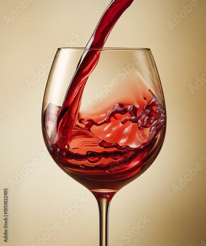 Red wine is poured into a clear glass, showcasing the fluid dynamics as it fills, creating ripples and splashes, highlighting the vibrant color and texture of the liquid