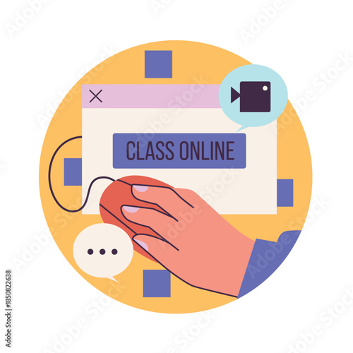 Hand Using Computer Mouse Navigating Online Class Interface.