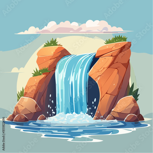 Cartoon illustration of a waterfall cascading over rocks into a pool of water.