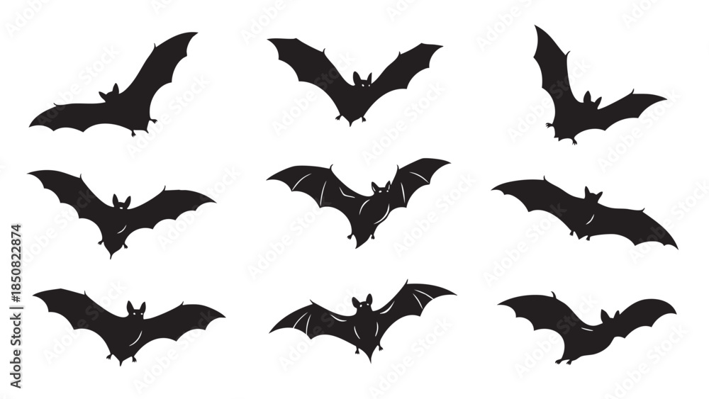 Obraz premium Collection of silhouetted bats flying and hanging with wings spread on transparent background