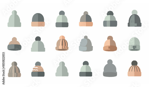 Kids Winter Beanie Hat Icons Modern Flat Headwear Vector Set