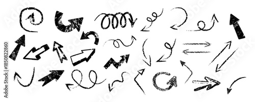 Chalk textured arrows vector set. Rough sketch arrows with grunge, scribble and distressed lines for navigation, notes, diagrams and visual guidance, isolated on white background.