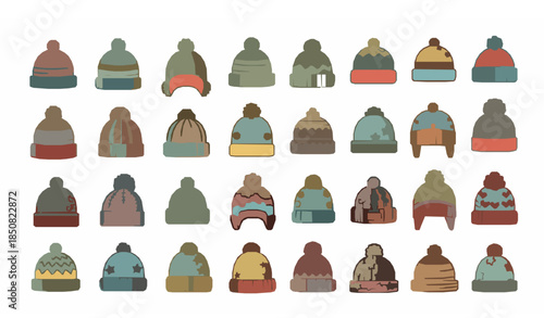 Cute Kids Beanie Icons Set Colorful Cartoon Winter Hats Flat Vector Collection