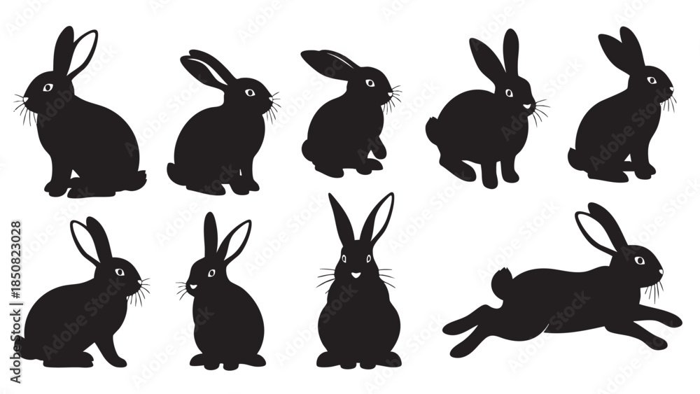 Fototapeta premium Collection of Silhouetted Bunny Illustrations Featuring Various Poses and Sleeping Bunny on Transparent Background