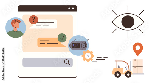 Chat interface with user messages, machinery and gear, forklift moving cargo, location pin, and watchful eye. Ideal for logistics, AI, automation supply chain technology management efficiency. A