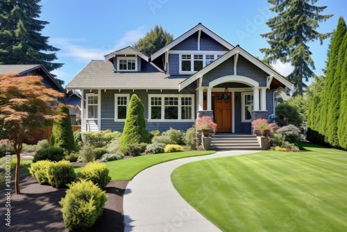 Beautiful craftsman house surrounded by vibrant greenery and a curved path