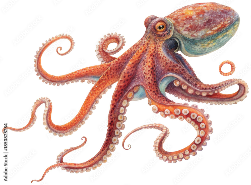 Fototapeta premium A remarkably detailed and textured brown octopus with prominent suckers on its eight arms is dynamically posed with limbs outstretched and curled, showcasing its, isolated on transparent background.
