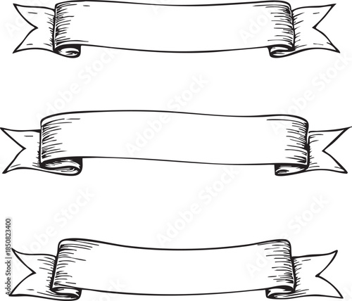 Hand drawn vintage vector illustration of blank ribbon banners with curled ends perfect for decorative design projects