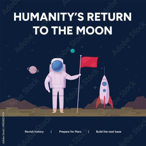 Astronaut standing on moon with flag and rocket in space