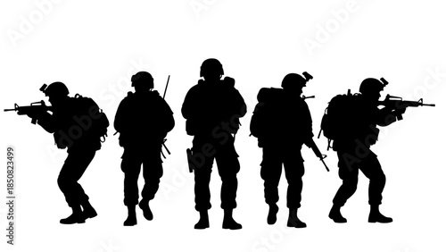 Silhouetted soldiers in a line, prepared for action