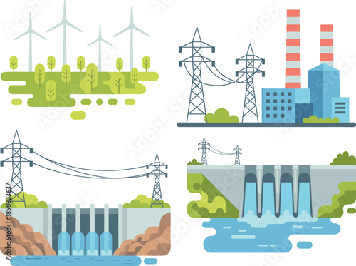 Energy production types illustration, wind farm, thermal power plant, hydroelectric dam, electricity generation systems, renewable and industrial energy concepts