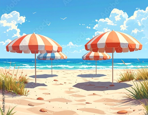 Wallpaper Mural Sunny coastal scene with beach umbrellas, sand, and ocean Torontodigital.ca