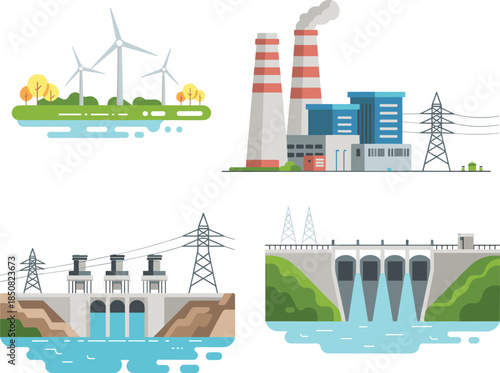 Energy production types illustration, wind farm, thermal power plant, hydroelectric dam, electricity generation systems, renewable and industrial energy concepts