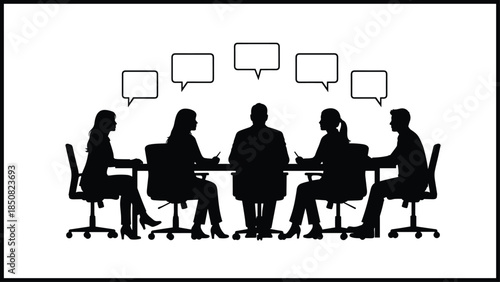Business team discussion silhouette with speech bubbles in corporate boardroom meeting communication teamwork leadership strategy concept