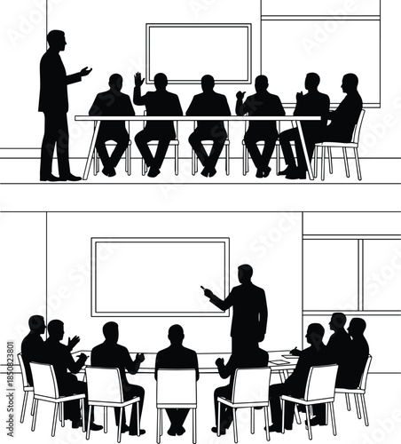 Corporate training presentation silhouette with business leader guiding team discussion strategy planning communication concept in modern office