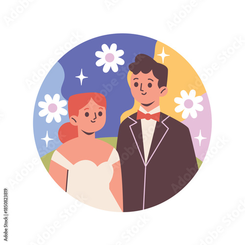 Smiling Bride And Groom In Wedding Attire.