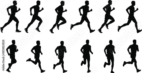 Running man silhouette sequence showing jogging motion fitness training endurance speed athletic exercise concept isolated on white