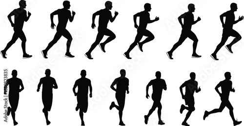 Running man silhouette sequence showing athletic jogging motion fitness training endurance speed cardio exercise concept isolated