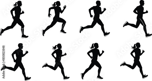 Running men and women silhouette sequence showing jogging motion fitness training endurance speed athletic exercise concept isolated