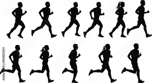 Running people silhouette sequence showing men and women jogging motion fitness training endurance speed concept isolated