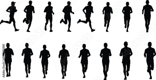 Running people silhouette set showing men jogging from different angles fitness training endurance speed cardio exercise concept