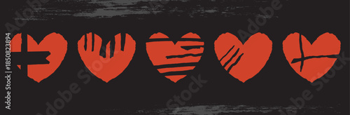 Paper heart collage set with torn edges for valentine day scrapbook.