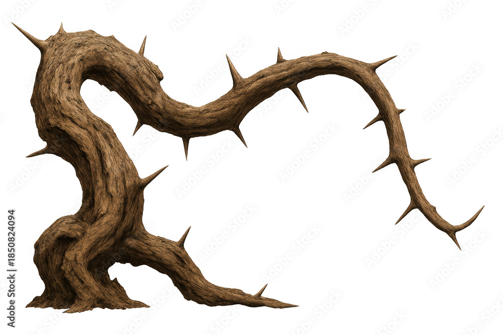 Obraz premium Twisted thorny branch with sharp spikes creating a dangerous obstacle, representing struggle, pain, and difficulty on transparent background