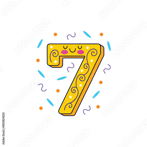 Smiling Gold Number Seven Decorative Character Illustration.