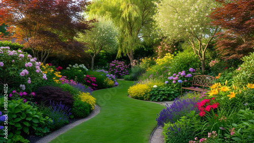 Lush Garden Path - A Serene and Colorful Landscape.