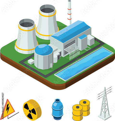Isometric nuclear power plant illustration, energy production facility, cooling towers, electricity infrastructure, radioactive safety symbols, industrial power generation concept