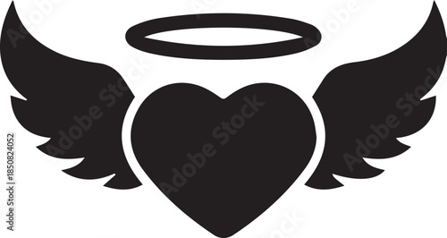 Heart with Angel Wings and Halo – Black Vector Icon Illustration