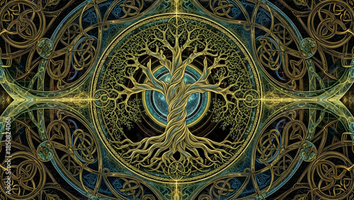 Intricate Golden Tree of Life Symbolism in a Circular Design.