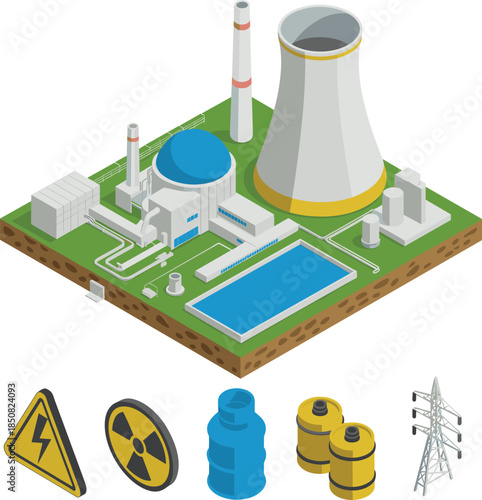 Isometric nuclear power plant illustration, energy production facility, cooling towers, electricity infrastructure, radioactive safety symbols, industrial power generation concept