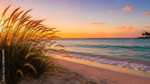 Golden Hour Beach Serenity - A Tranquil Coastal Sunset Scene.