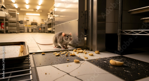 Unexpected visitor rodent in commercial kitchen with scattered crumbs - pest control awareness, sanitation issues, food safety concerns, restaurant inspection