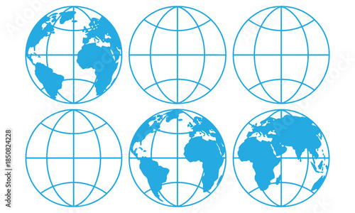 Tix blue line globe with continents and grids on transparent background