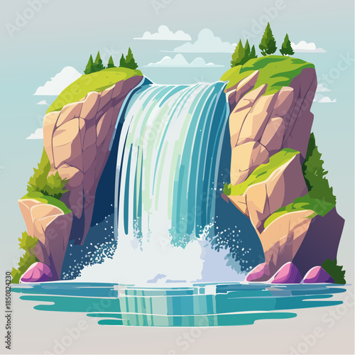 Cartoon waterfall cascading between rocky cliffs into a pool of water.