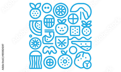 A collection of blue representing various fruits and vegetables arranged in a grid pattern on a white background