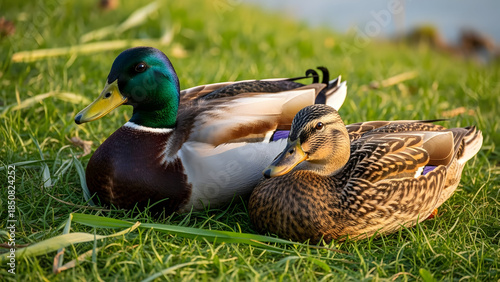 Three ducks resting peacefully on the vibrant green grass in sunlight.