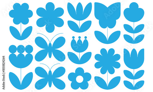A collection of blue floral and butterfly arranged in a grid pattern on a white background