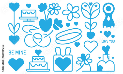 A collection of blue line featuring hearts flowers cakes and romantic text such as I love you and be mine