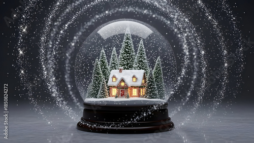 Snow Globe Christmas Scene with House and Trees.