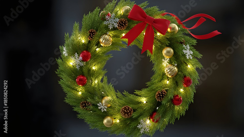 Festive Christmas Wreath with Lights and Decorations.